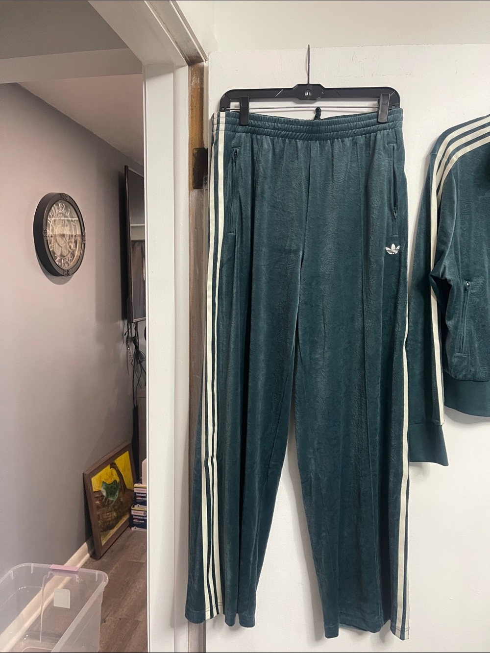 adidas Dark Green Velvet Track Pants with White Stripes